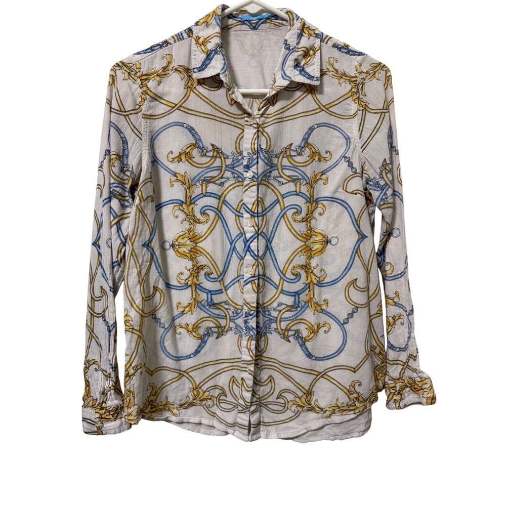 J McLaughlin Womens Size 6 Cotton Baroque Scroll Chain Print Button Up Blouse